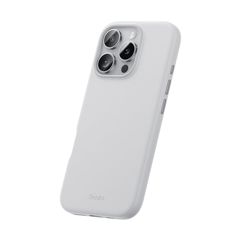 Apple iPhone 16 Pro Max Kılıf Magsafe Şarj Özellikli Çizilmeye Dayanıklı Benks VitaPro Serisi PU Deri Kapak Gri