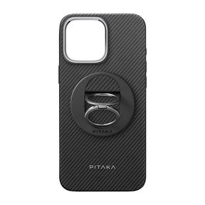 Apple iPhone 16 Pro Max Kılıf Magsafe Şarj Özellikli Grip 3 Standlı Aramid Fiber Pitaka Military Grade Classic Serisi Black-Grey Twill Kapak