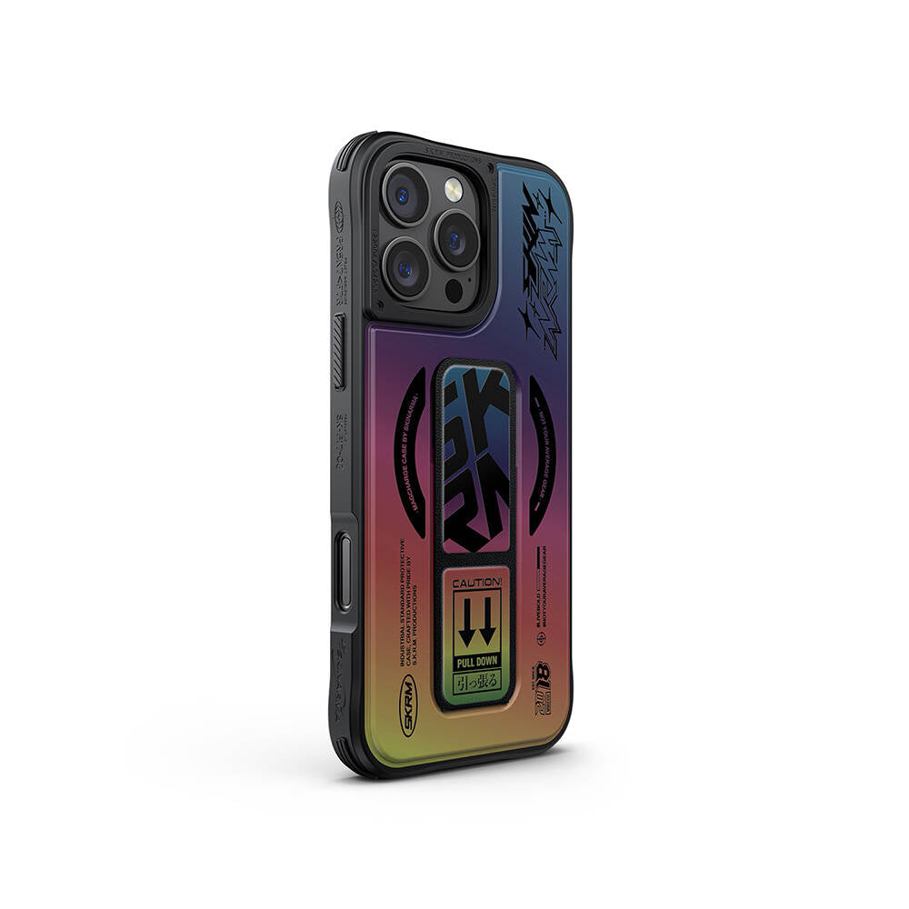 Apple iPhone 16 Pro Max Kılıf Magsafe Şarj Özellikli Holografik Tasarımlı Standlı Deri Görünümlü Skinarma Kira Kobai Kapak Colorful