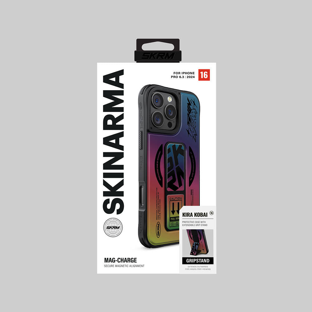 Apple iPhone 16 Pro Max Kılıf Magsafe Şarj Özellikli Holografik Tasarımlı Standlı Deri Görünümlü Skinarma Kira Kobai Kapak Gümüş