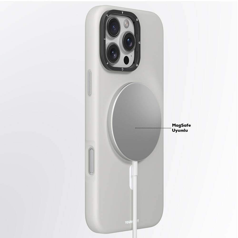 Apple iPhone 16 Pro Max Kılıf Magsafe Şarj Özellikli Kamera Standlı Youngkit Bitty Cream Kapak Siyah