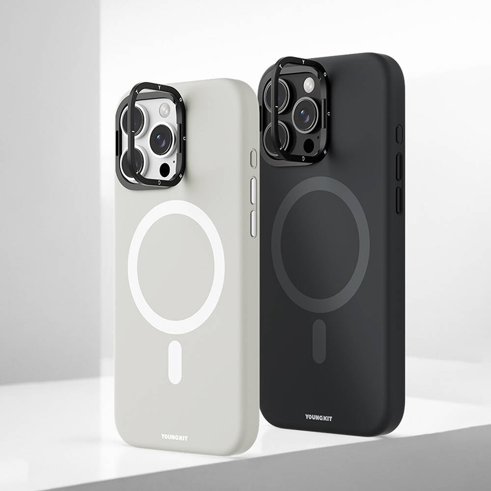 Apple iPhone 16 Pro Max Kılıf Magsafe Şarj Özellikli Kamera Standlı Youngkit Bitty Cream Kapak Siyah