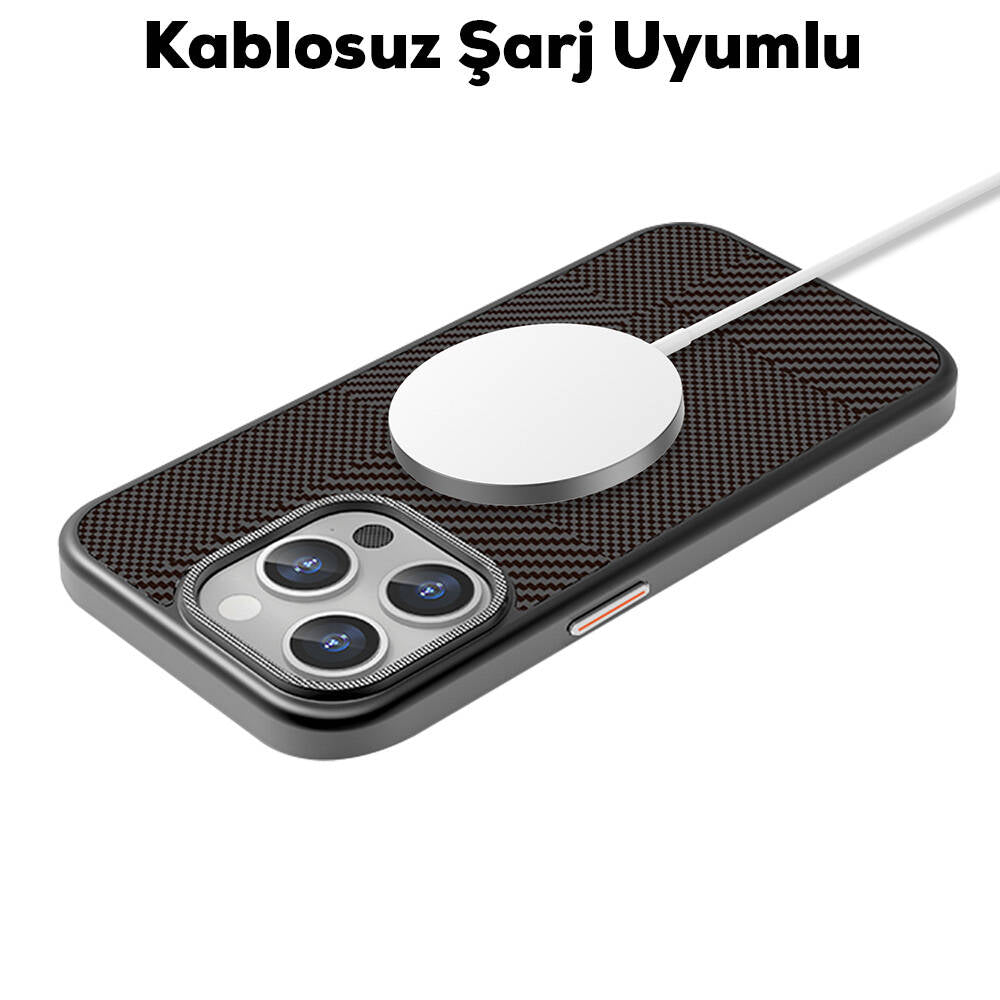 Apple iPhone 16 Pro Max Kılıf Magsafe Şarj Özellikli Karbon Fiber Desenli Mutural Montage Kapak Gümüş