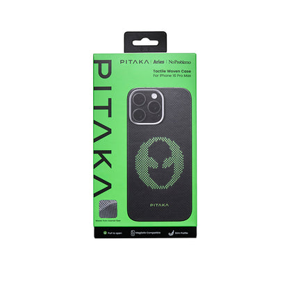 iPhone 16 Pro Max Kılıf M-safe Şarj Özellikli Lumintex Teknolojili Fosforlu Aramid Fiber Pitaka Tactile Woven Aries Serisi Alien Kılıf