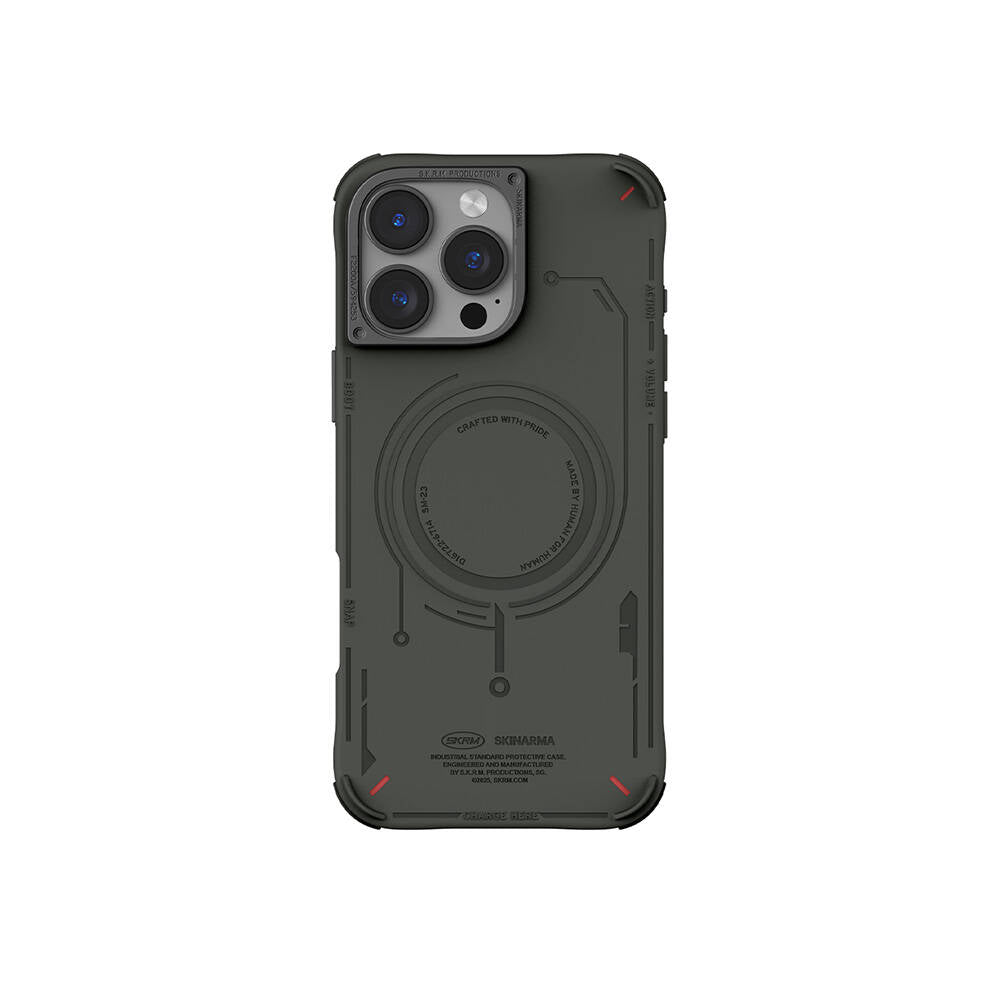 Apple iPhone 16 Pro Max Kılıf Magsafe Şarj Özellikli Metal Kamera Çerçeveli Skinarma Mecha Serisi Kapak Olive