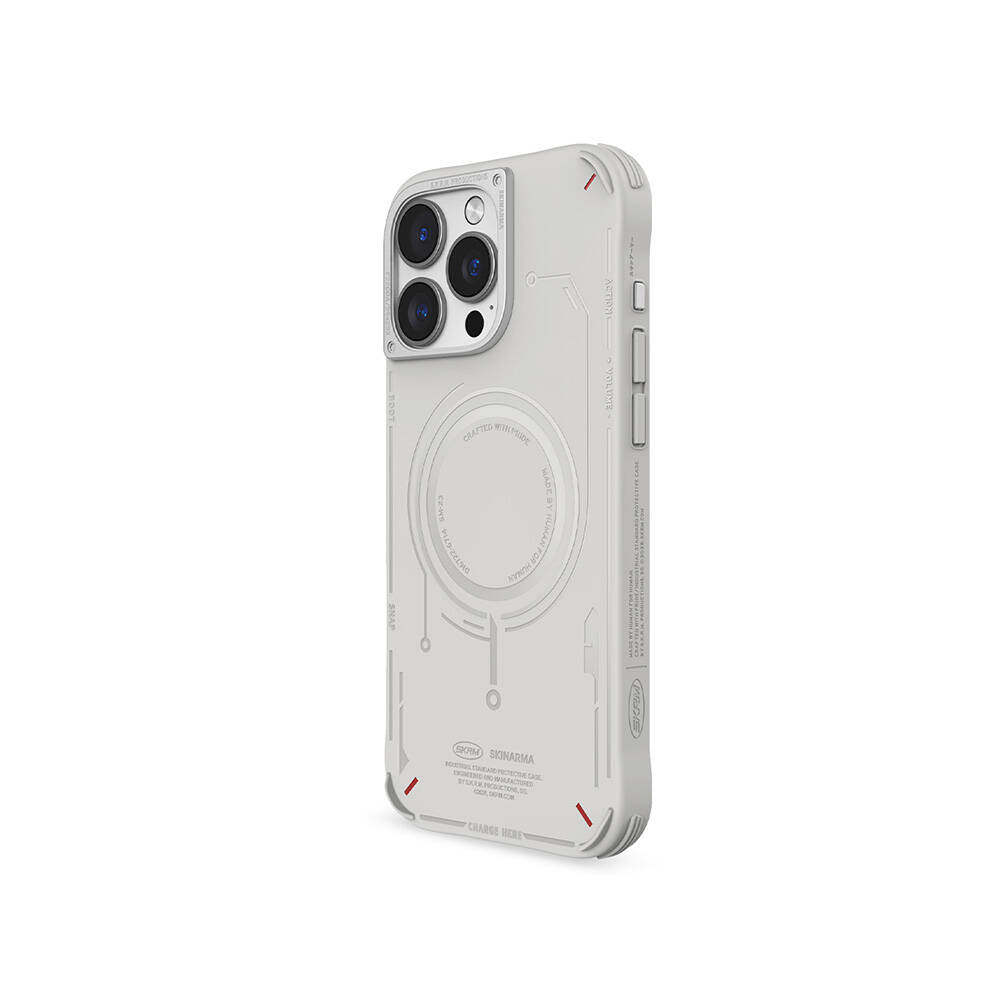 Apple iPhone 16 Pro Max Kılıf Magsafe Şarj Özellikli Metal Kamera Çerçeveli Skinarma Mecha Serisi Kapak Açık Gri