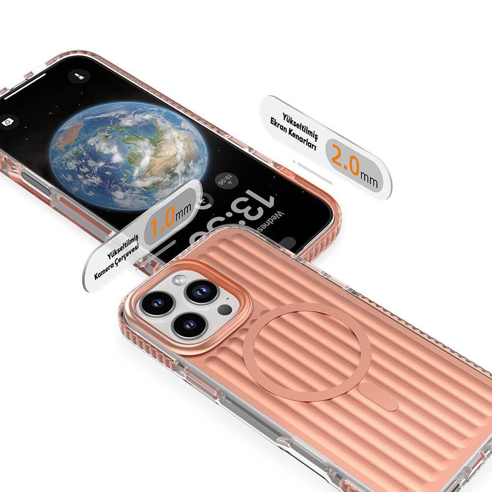 Apple iPhone 16 Pro Max Kılıf Magsafe Şarj Özellikli Oyuklu Tasarım Mutural Bumpy Clear Kapak Rose Gold