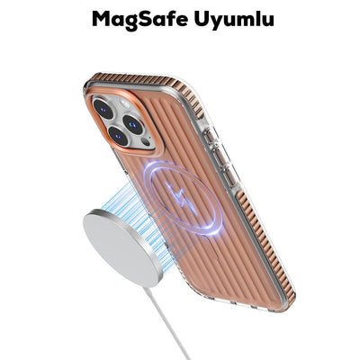 Apple iPhone 16 Pro Max Kılıf Magsafe Şarj Özellikli Oyuklu Tasarım Mutural Bumpy Clear Kapak Rose Gold
