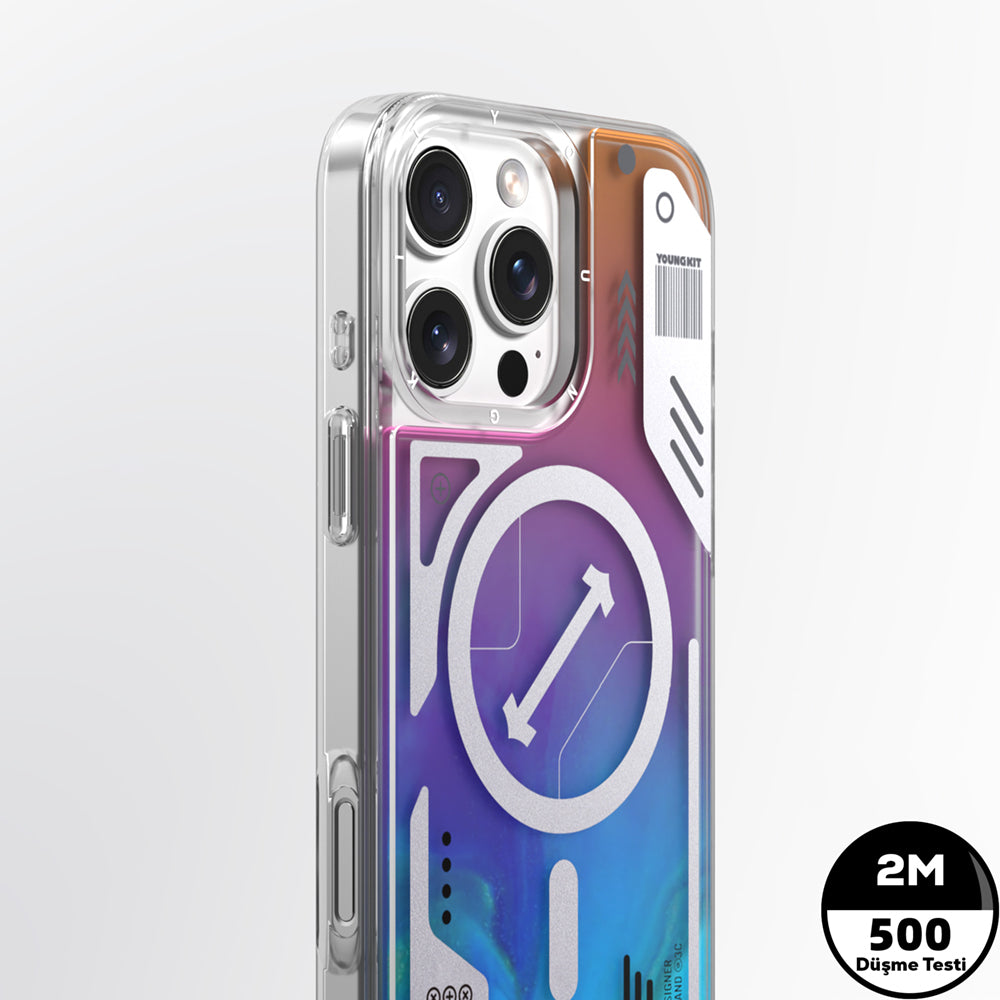 Apple iPhone 16 Pro Max Kılıf Magsafe Şarj Özellikli Parlak Kumlu Sıvılı Tasarımlı Galaxy Fantasy Serisi Kapak Turuncu