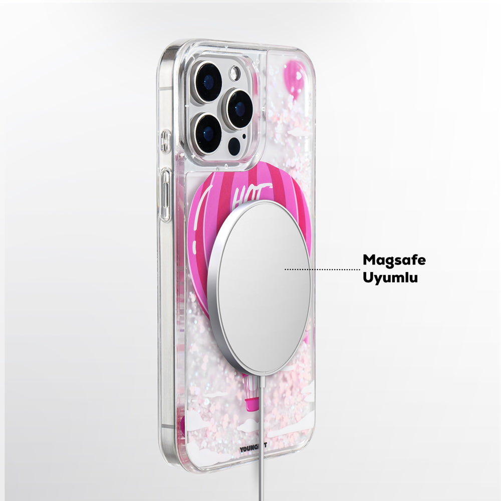 Apple iPhone 16 Pro Max Kılıf Magsafe Şarj Özellikli Parlak Kumlu Sıvılı Youngkit Pink Dream Quicksand Serisi Kapak Turkuaz