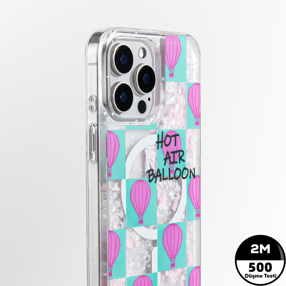 Apple iPhone 16 Pro Max Kılıf Magsafe Şarj Özellikli Parlak Kumlu Sıvılı Youngkit Pink Dream Quicksand Serisi Kapak Turkuaz