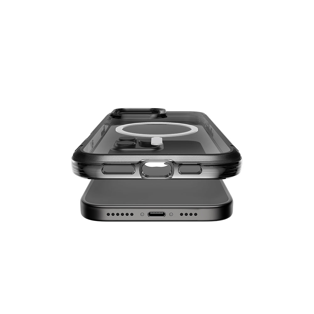 Apple iPhone 16 Pro Max Kılıf Magsafe Şarj Özellikli Raptic Air Serisi Airbag Tasarımlı Metal Köşelikli Şeffaf Kapak Gümüş