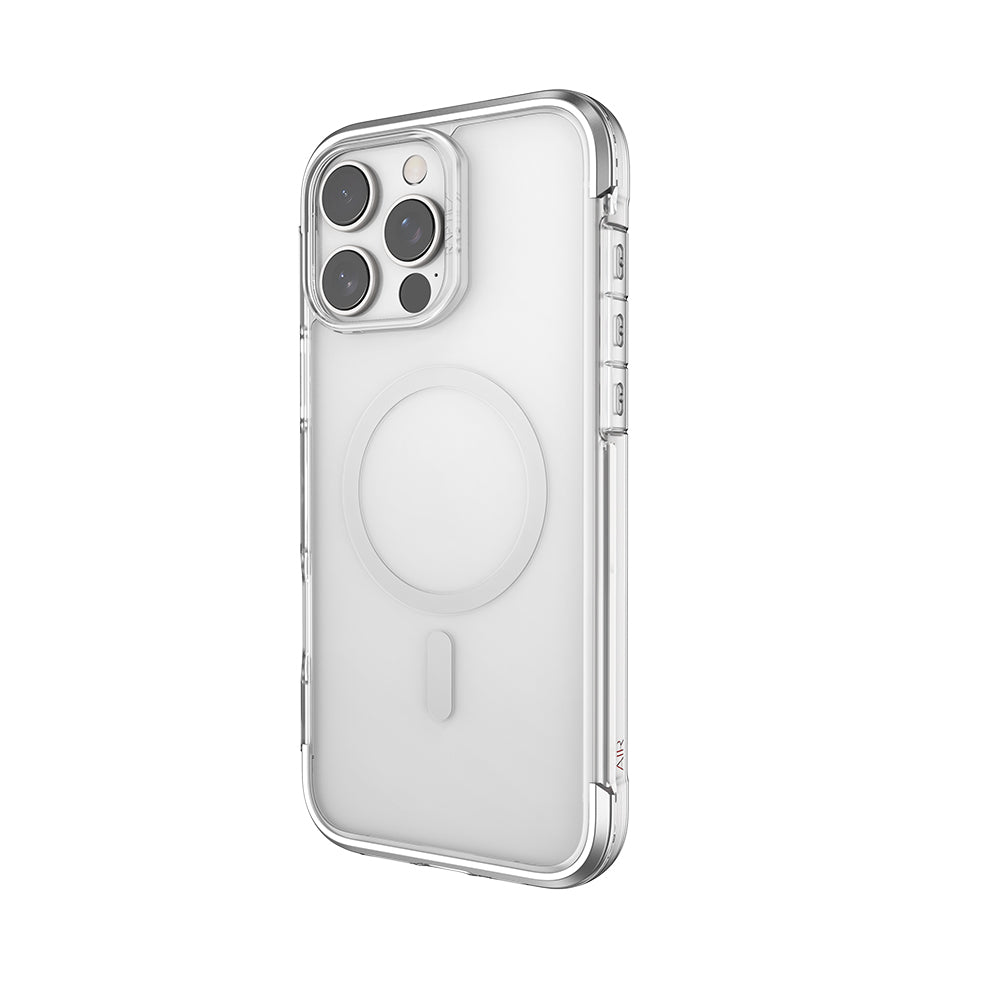 Apple iPhone 16 Pro Max Kılıf Magsafe Şarj Özellikli Raptic Air Serisi Airbag Tasarımlı Metal Köşelikli Şeffaf Kapak Gümüş