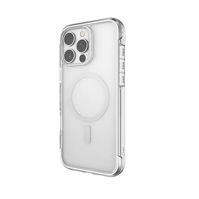Apple iPhone 16 Pro Max Kılıf Magsafe Şarj Özellikli Raptic Air Serisi Airbag Tasarımlı Metal Köşelikli Şeffaf Kapak Gümüş