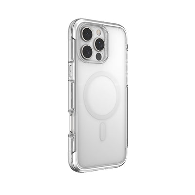 Apple iPhone 16 Pro Max Kılıf Magsafe Şarj Özellikli Raptic Air Serisi Airbag Tasarımlı Metal Köşelikli Şeffaf Kapak Gümüş