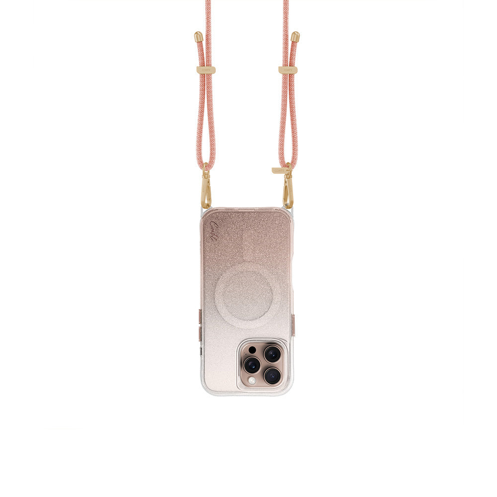Apple iPhone 16 Pro Max Kılıf Magsafe Şarj Özellikli Simli Arka Yüzey Askı Aparatlı Coehl Lumino Kapak Rose Gold