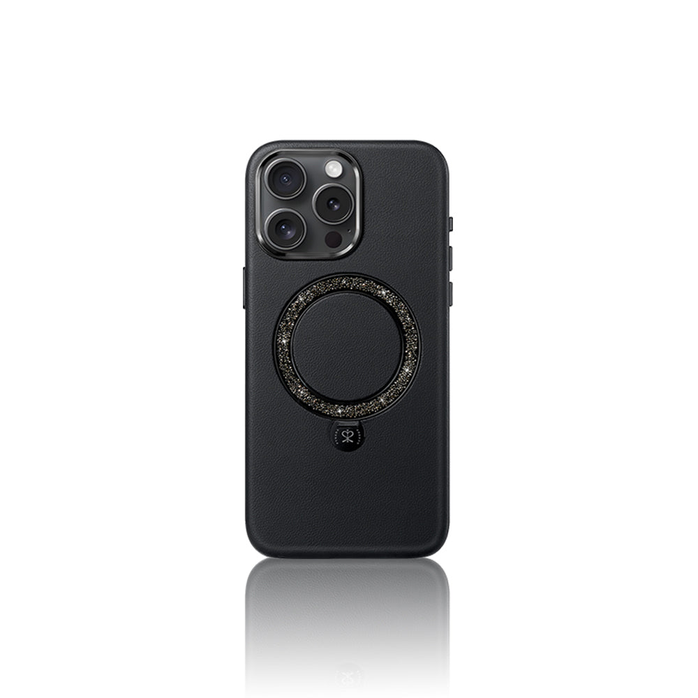 Apple iPhone 16 Pro Max Kılıf M-safe Şarj Özellikli Standlı Suni Deri Tasarımlı Pynana Dancing Circle Serisi Kapak Siyah