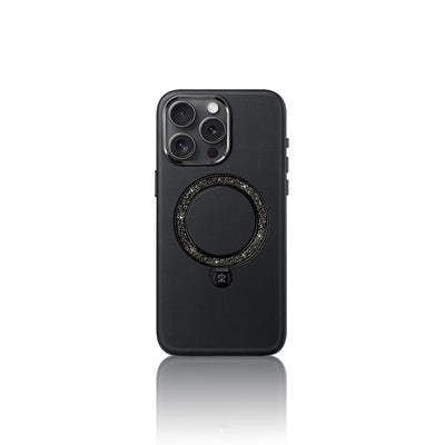 Apple iPhone 16 Pro Max Kılıf M-safe Şarj Özellikli Standlı Suni Deri Tasarımlı Pynana Dancing Circle Serisi Kapak Siyah