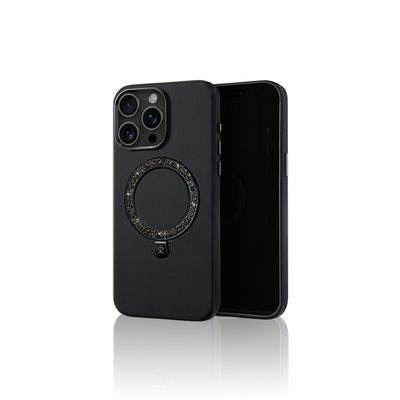 Apple iPhone 16 Pro Max Kılıf M-safe Şarj Özellikli Standlı Suni Deri Tasarımlı Pynana Dancing Circle Serisi Kapak Siyah