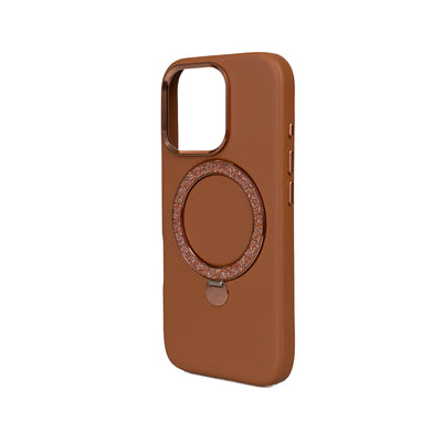 Apple iPhone 16 Pro Max Kılıf M-safe Şarj Özellikli Standlı Suni Deri Tasarımlı Pynana Dancing Circle Serisi Kapak Kahverengi