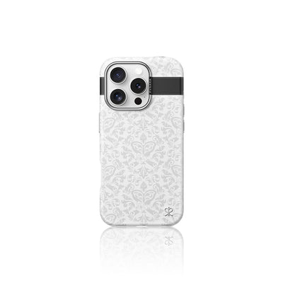 Apple iPhone 16 Pro Max Kılıf M-safe Şarj Özellikli Suni Deri Tasarımlı Desenli Pynana Print Serisi Kapak Beyaz
