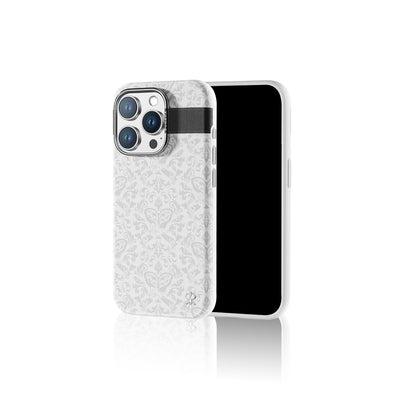 Apple iPhone 16 Pro Max Kılıf M-safe Şarj Özellikli Suni Deri Tasarımlı Desenli Pynana Print Serisi Kapak Beyaz