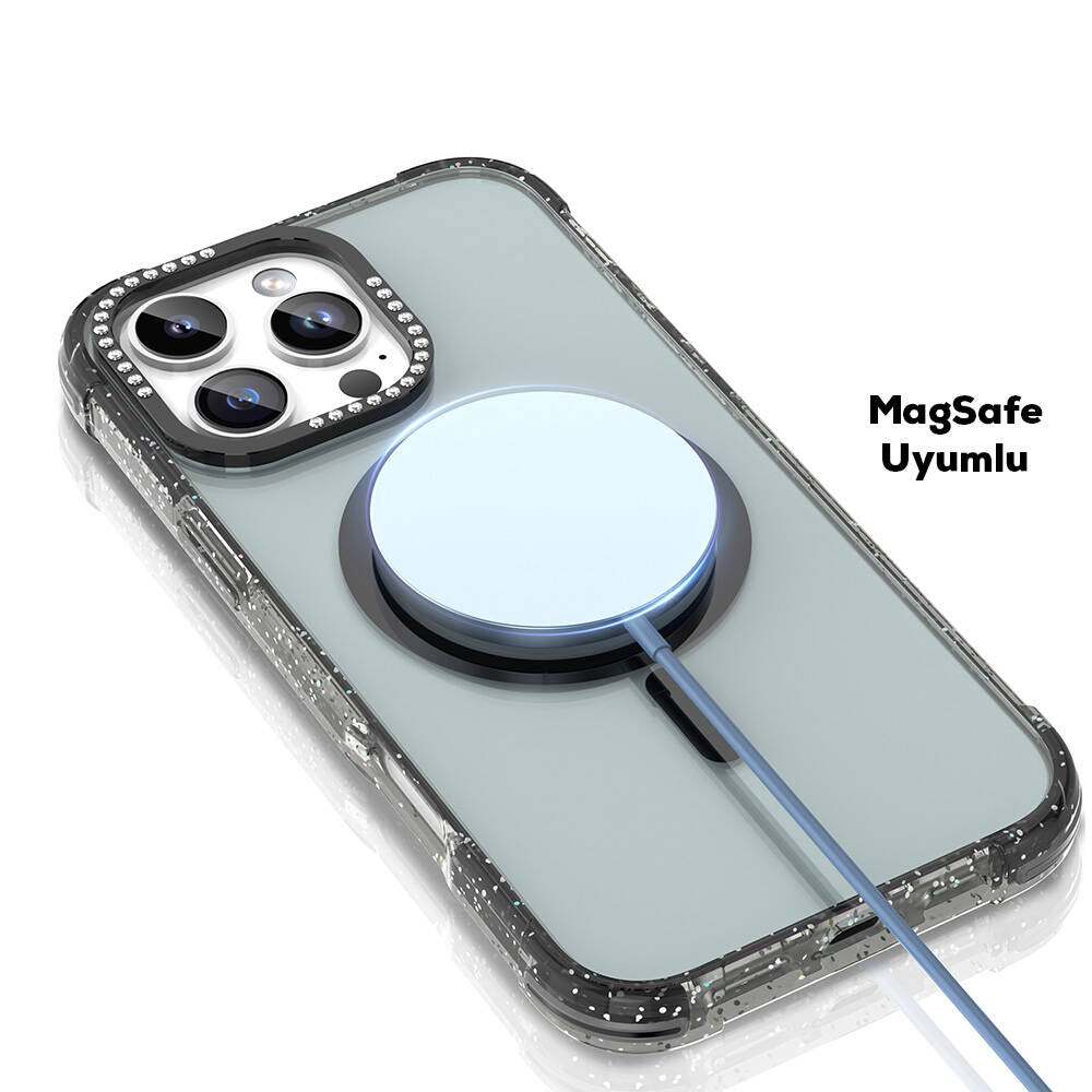 Apple iPhone 16 Pro Max Kılıf Magsafe Şarj Özellikli Taşlı ve Simli Tasarım Mutural Blink Kapak Turuncu
