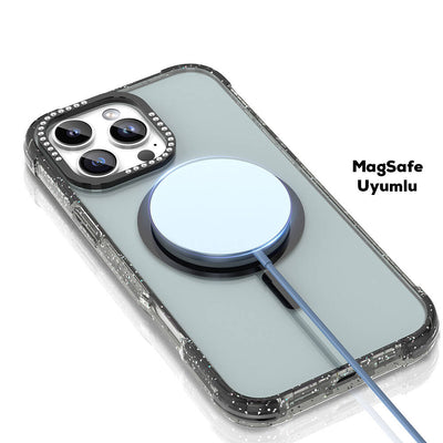Apple iPhone 16 Pro Max Kılıf Magsafe Şarj Özellikli Taşlı ve Simli Tasarım Mutural Blink Kapak Turuncu