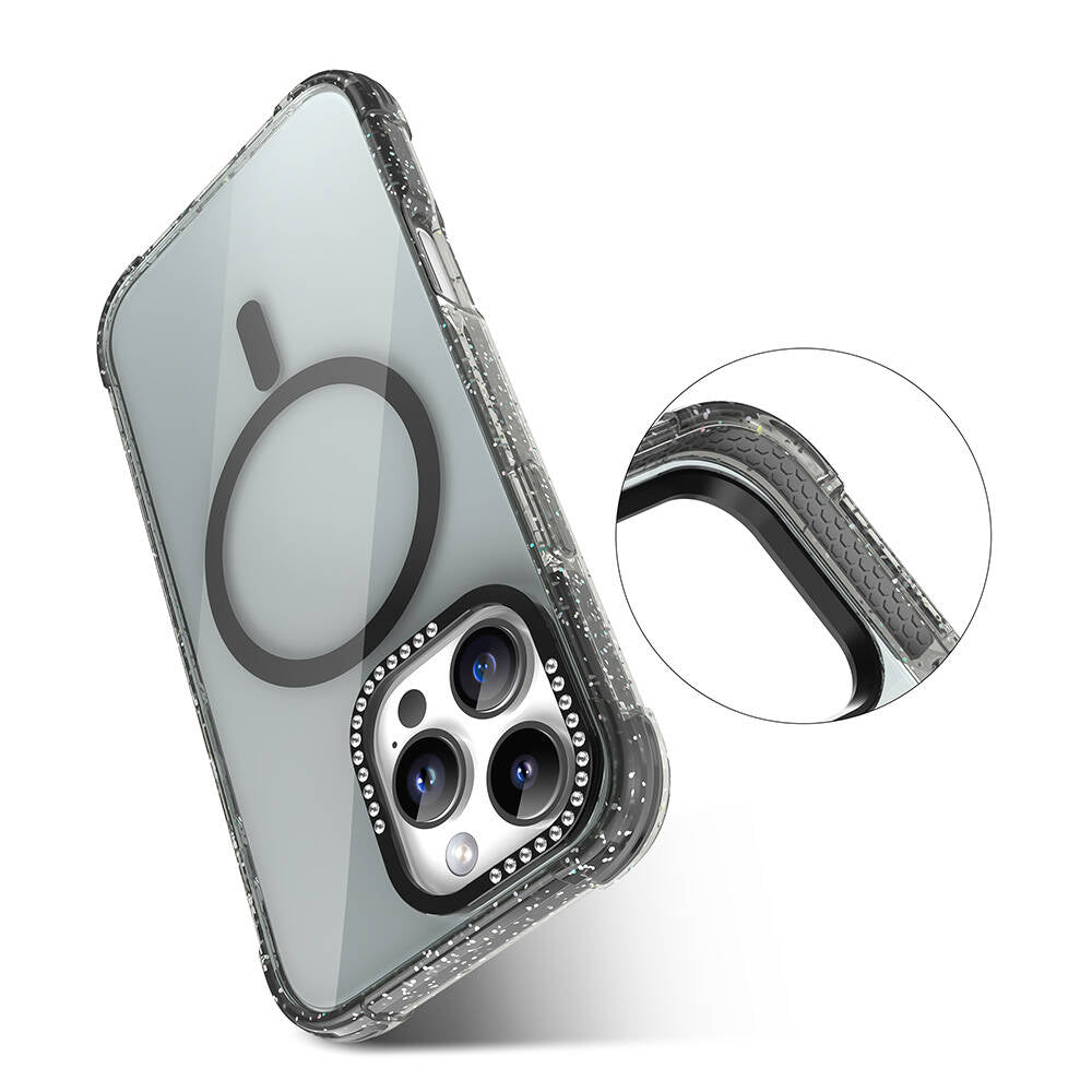 Apple iPhone 16 Pro Max Kılıf Magsafe Şarj Özellikli Taşlı ve Simli Tasarım Mutural Blink Kapak Siyah