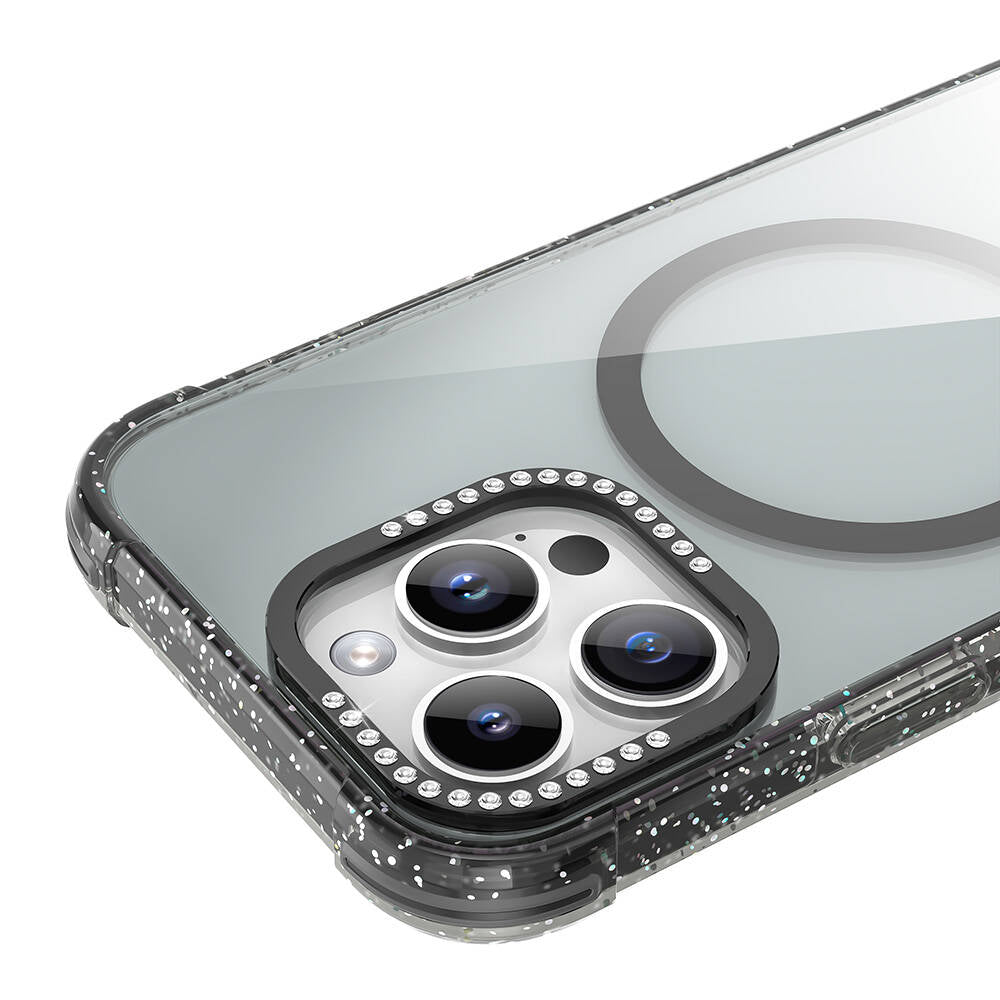 Apple iPhone 16 Pro Max Kılıf Magsafe Şarj Özellikli Taşlı ve Simli Tasarım Mutural Blink Kapak Turuncu
