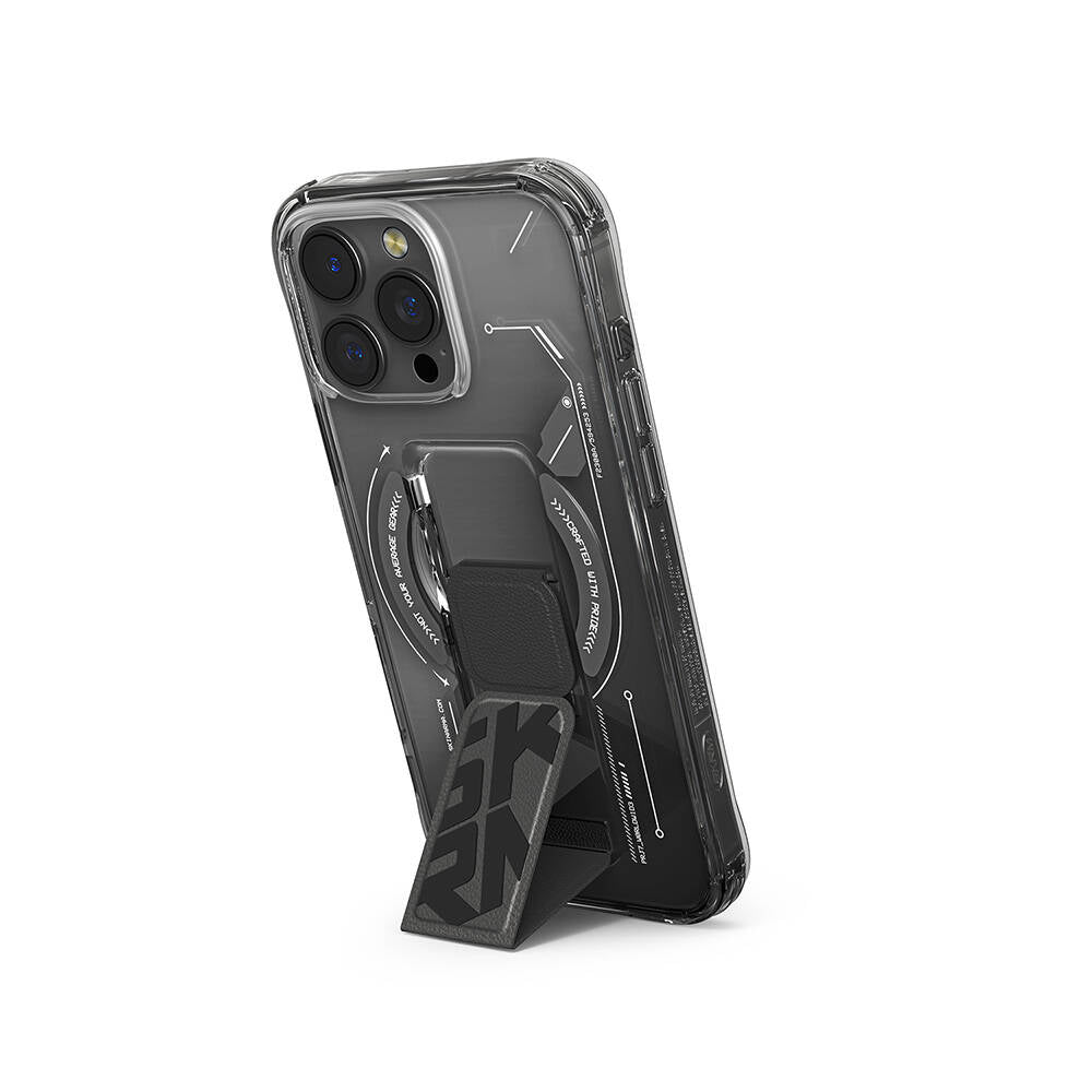 Apple iPhone 16 Pro Max Kılıf Magsafe Şarj Özellikli Teknoloji Desenli Standlı Skinarma Helio Kapak Siyah