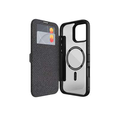 iPhone 16 Pro Max Kılıf M-safe Şarj Özellikli Vegan Deri Tasarımlı Şeffaf Arka Yüzey Kartlıklı Raptic Urban Folio Serisi Kılıf