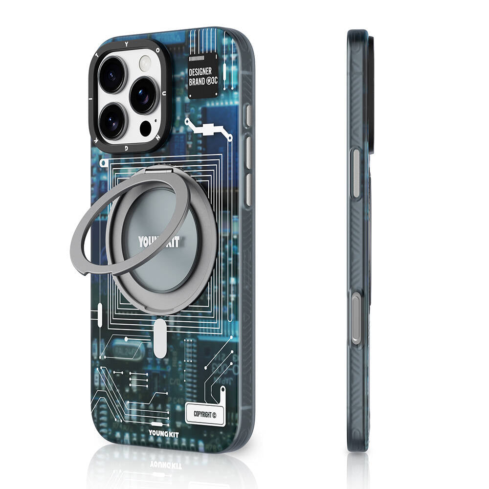 Apple iPhone 16 Pro Max Kılıf Magsafe Şarj Özellikli Youngkit 360° Standlı Technology Serisi Kapak Gri