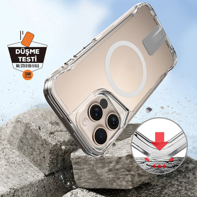 Apple iPhone 16 Pro Max Kılıf Magsafe Şarj Özellikli Zore T-Max Standlı Kapak Şeffaf