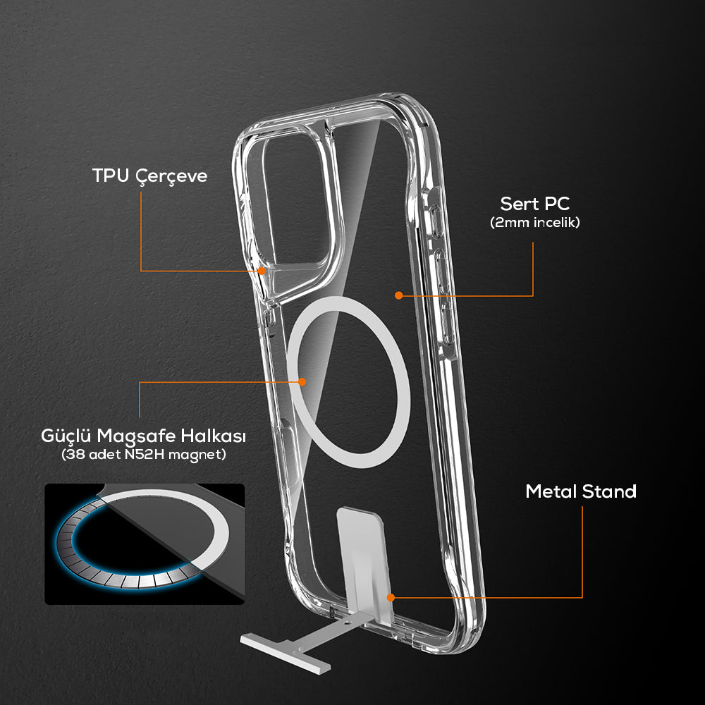 Apple iPhone 16 Pro Max Kılıf Magsafe Şarj Özellikli Zore T-Max Standlı Kapak Şeffaf