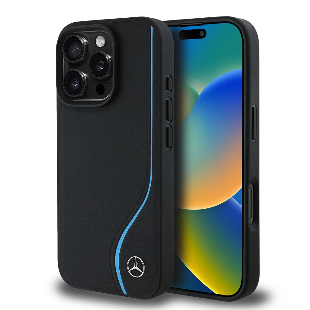 iPhone 16 Pro Max Kılıf Mercedes Benz Orjinal Lisanslı M-safe Şarj Özellikli 3D Metal Logolu Mavi Dikey Eğri Çizgili Deri Kılıf