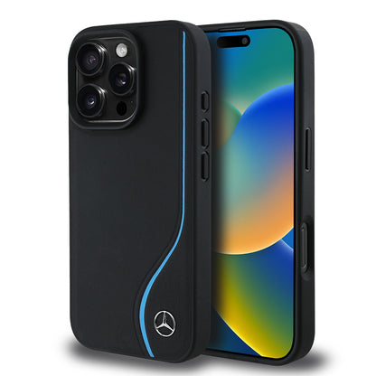 iPhone 16 Pro Max Kılıf Mercedes Benz Orjinal Lisanslı M-safe Şarj Özellikli 3D Metal Logolu Mavi Dikey Eğri Çizgili Deri Kılıf