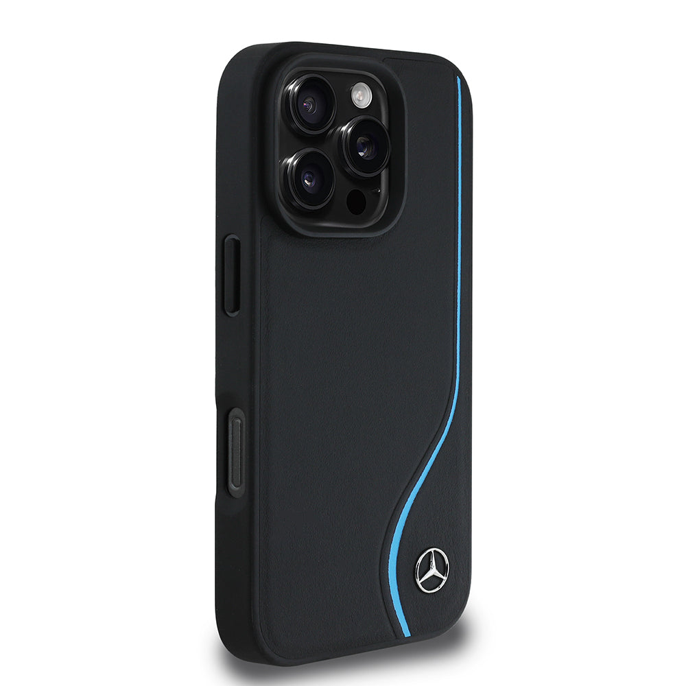 iPhone 16 Pro Max Kılıf Mercedes Benz Orjinal Lisanslı M-safe Şarj Özellikli 3D Metal Logolu Mavi Dikey Eğri Çizgili Deri Kılıf