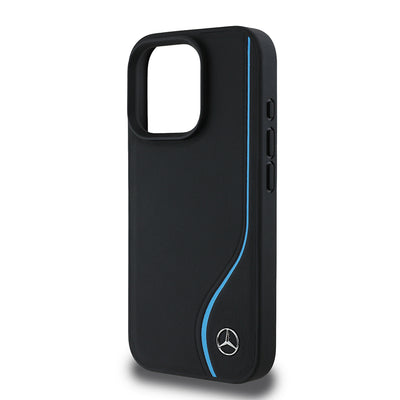 Apple iPhone 16 Pro Max Kılıf Mercedes Benz Orjinal Lisanslı M-safe Şarj Özellikli 3D Metal Logolu Mavi Dikey Eğri Çizgili Deri Kapak Siyah