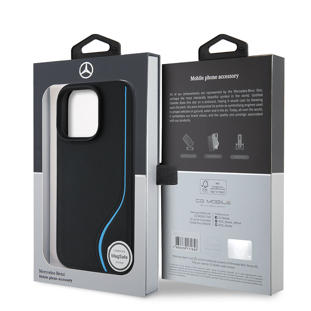 iPhone 16 Pro Max Kılıf Mercedes Benz Orjinal Lisanslı M-safe Şarj Özellikli 3D Metal Logolu Mavi Dikey Eğri Çizgili Deri Kılıf
