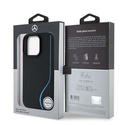 iPhone 16 Pro Max Kılıf Mercedes Benz Orjinal Lisanslı M-safe Şarj Özellikli 3D Metal Logolu Mavi Dikey Eğri Çizgili Deri Kılıf