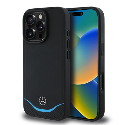 iPhone 16 Pro Max Kılıf Mercedes Benz Orjinal Lisanslı M-safe Şarj Özellikli 3D Metal Logolu Mavi Yatay Eğri Çizgili Deri Kılıf