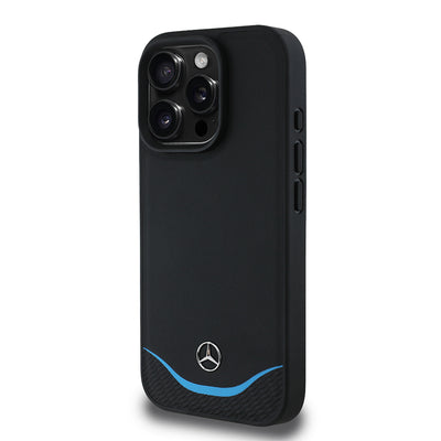 Apple iPhone 16 Pro Max Kılıf Mercedes Benz Orjinal Lisanslı M-safe Şarj Özellikli 3D Metal Logolu Mavi Yatay Eğri Çizgili Deri Kapak Siyah
