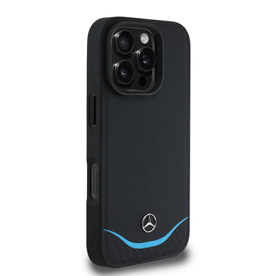 Apple iPhone 16 Pro Max Kılıf Mercedes Benz Orjinal Lisanslı M-safe Şarj Özellikli 3D Metal Logolu Mavi Yatay Eğri Çizgili Deri Kapak Siyah