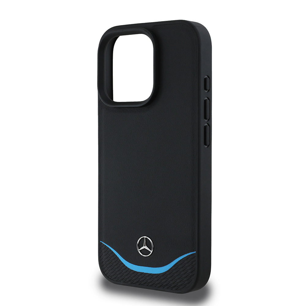Apple iPhone 16 Pro Max Kılıf Mercedes Benz Orjinal Lisanslı M-safe Şarj Özellikli 3D Metal Logolu Mavi Yatay Eğri Çizgili Deri Kapak Siyah