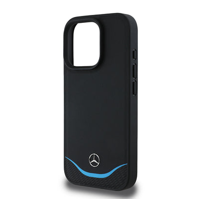 Apple iPhone 16 Pro Max Kılıf Mercedes Benz Orjinal Lisanslı M-safe Şarj Özellikli 3D Metal Logolu Mavi Yatay Eğri Çizgili Deri Kapak Siyah