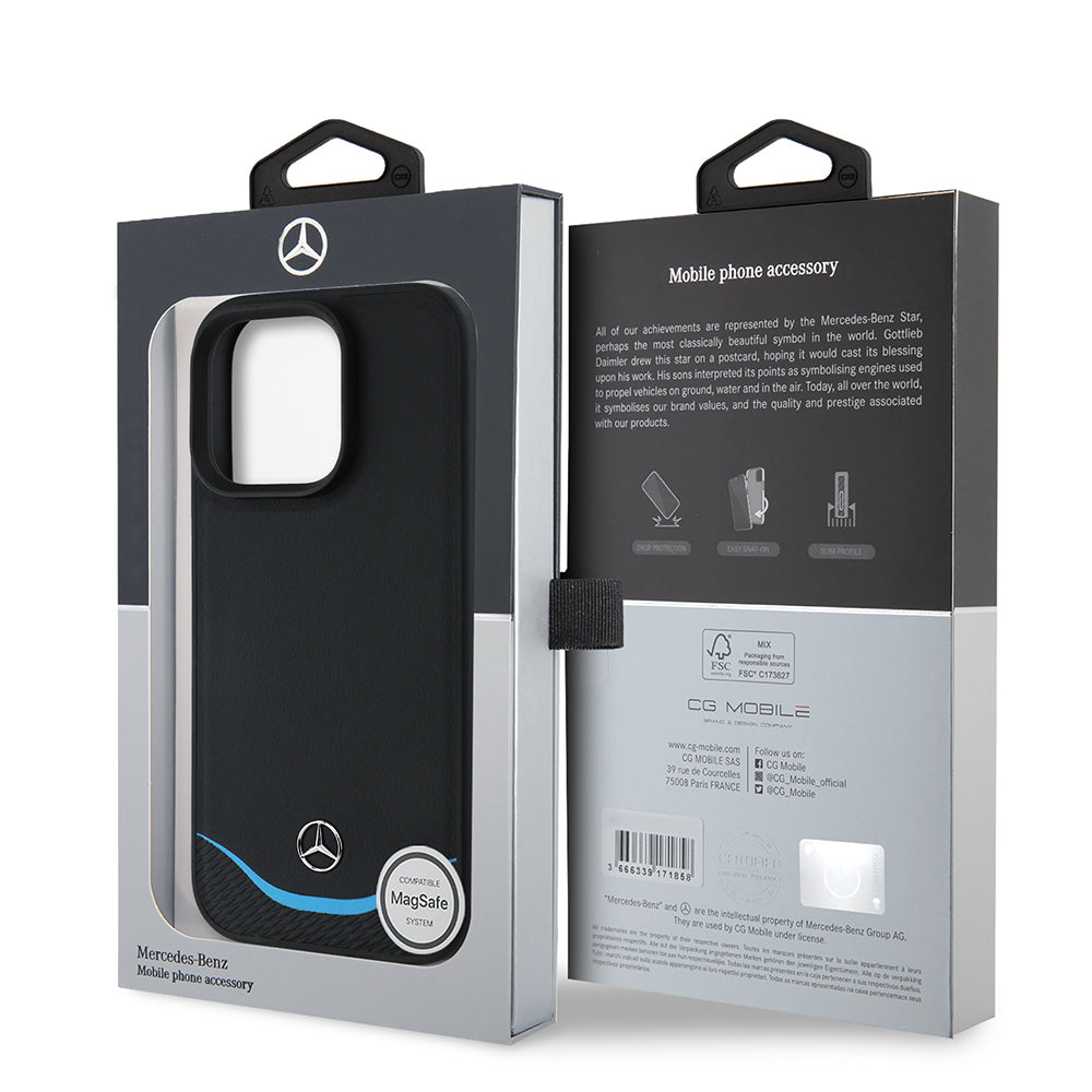 iPhone 16 Pro Max Kılıf Mercedes Benz Orjinal Lisanslı M-safe Şarj Özellikli 3D Metal Logolu Mavi Yatay Eğri Çizgili Deri Kılıf