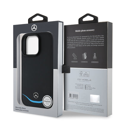 iPhone 16 Pro Max Kılıf Mercedes Benz Orjinal Lisanslı M-safe Şarj Özellikli 3D Metal Logolu Mavi Yatay Eğri Çizgili Deri Kılıf