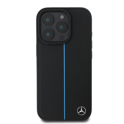 Apple iPhone 16 Pro Max Kılıf Mercedes Benz Orjinal Lisanslı Magsafe Şarj Özellikli Metal Yıldız Logolu Mavi Çizgili Deri Kapak Siyah