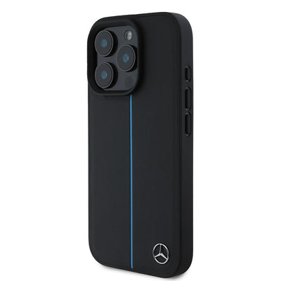 Apple iPhone 16 Pro Max Kılıf Mercedes Benz Orjinal Lisanslı Magsafe Şarj Özellikli Metal Yıldız Logolu Mavi Çizgili Deri Kapak Siyah